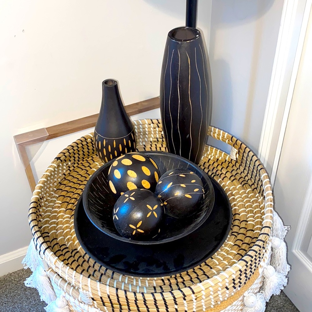 Carved Wood Bowl, Tray, Balls, 2 Vases set